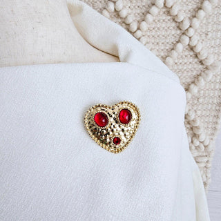 Vintage Gold Tone Red Glass Cabochon Heart Brooch Unsigned