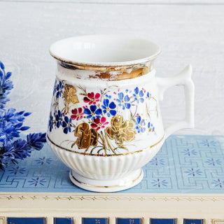 Antique Porcelain Hand Painted Red and Blue Floral & Gold Coffee Cup
