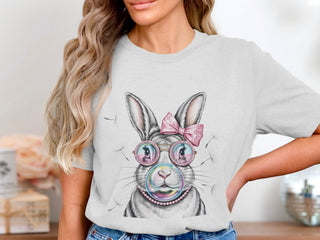 Women's Cute Rabbit Print T-Shirt with Glasses and Bow, Casual Gray Tee, Animal Graphic Top