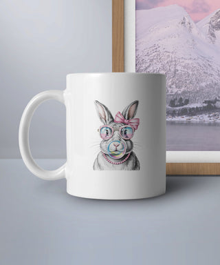 Cute Bunny with Glasses Mug, Rabbit Art Coffee Cup, Unique Animal Lover Gift, Kitchen Decor