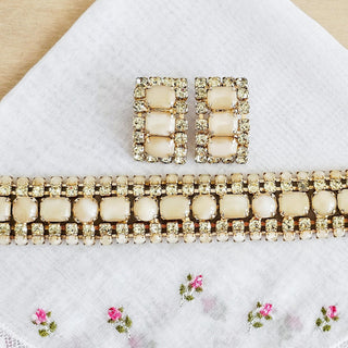 Vintage Faux Topaz Rhinestone & Moon Glow Link Bracelet and Earrings Set