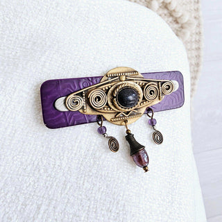 Brass Tone Purple Sandstone Glass Bead Charm Geometric Brooch Unsigned