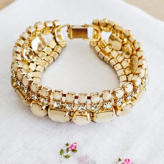 Vintage Faux Topaz Rhinestone & Moon Glow Link Bracelet and Earrings Set