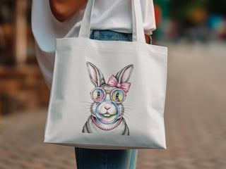 Whimsical Rabbit Print Tote Bag, Colorful Glasses, Cute Bunny Canvas Shopper, Animal Lover Gift, Durable Reusable Grocery Bag