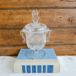 Vintage Heisey Glass Orchid Etched Seahorse Handled Covered Footed Candy Dish