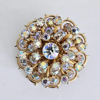 Vintage Gold Tone Rhinestone Aurora Borealis Round Sparkling Sunburst Brooch