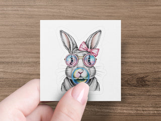 Cute Rabbit Art Print, Bunny with Glasses and Pink Bow, Handheld Illustration, Wall Decor, Animal Artwork, Gift Idea for Pet Lovers