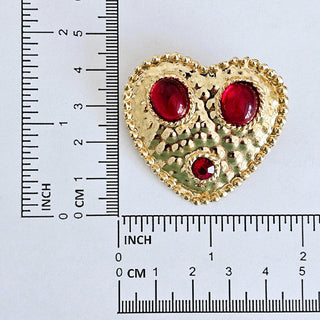 Vintage Gold Tone Red Glass Cabochon Heart Brooch Unsigned