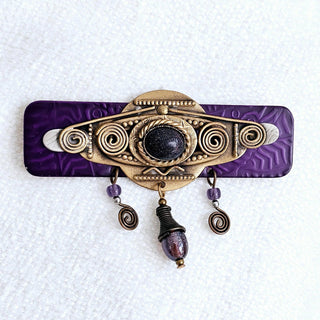 Brass Tone Purple Sandstone Glass Bead Charm Geometric Brooch Unsigned