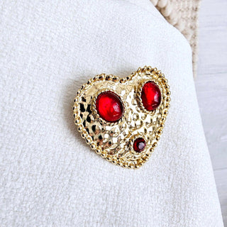 Vintage Gold Tone Red Glass Cabochon Heart Brooch Unsigned