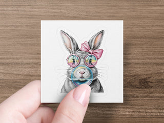 Whimsical Rabbit Art Print, Cute Bunny with Glasses and Bow, Handheld Illustration, Unique Wall Decor