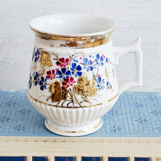 Antique Porcelain Hand Painted Red and Blue Floral & Gold Coffee Cup