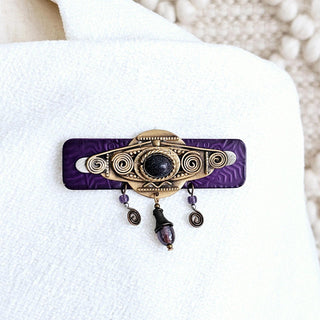 Brass Tone Purple Sandstone Glass Bead Charm Geometric Brooch Unsigned