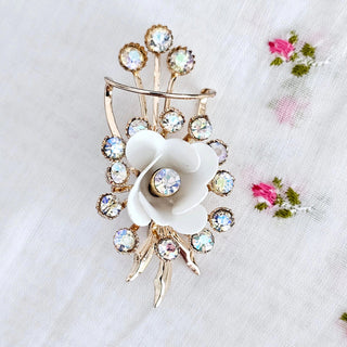 Vintage Rhinestone Brooch White Flower Sparkle Gold Tone AB