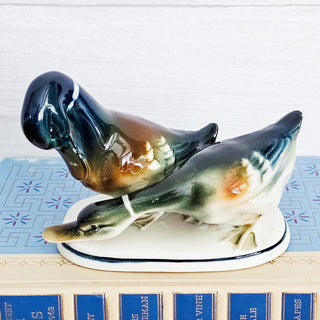 Vintage Two Mallard Ducks Ceramic Figurine Green Brown and Cream
