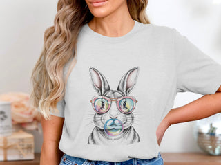 Women's Grey T-Shirt with Rabbit Print, Cool Bunny with Glasses Graphic, Casual Streetwear, Trendy Animal Design Top, Soft Cotton Tee