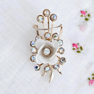Vintage Rhinestone Brooch White Flower Sparkle Gold Tone AB