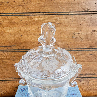 Vintage Heisey Glass Orchid Etched Seahorse Handled Covered Footed Candy Dish
