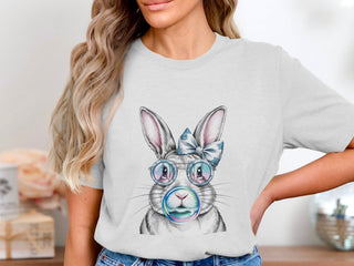Women's Cute Rabbit Graphic T-Shirt, Bunny with Glasses Illustration, Casual Grey Tee, Animal Lover Gift, Soft Cotton Top, Unique Design