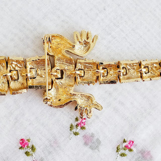 Large Vtg Gold Tone Articulated Clear Rhinestone Lizard Gecko Shoulder Brooch