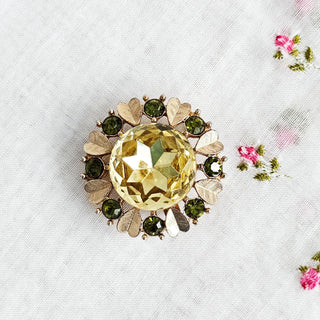Avon Sun Brilliants Citrine Heart Green Gold Tone Round Brooch Pin Pendant