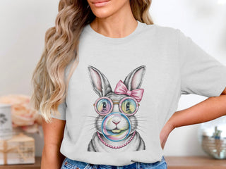 Women's Graphic T-Shirt, Cute Bunny Design, Colorful Bow, Casual Cotton Tee, Animal Print Top, Unique Rabbit Artwork Shirt