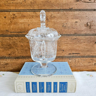 Vintage Heisey Glass Orchid Etched Seahorse Handled Covered Footed Candy Dish