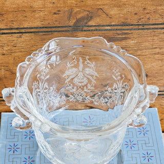 Vintage Heisey Glass Orchid Etched Seahorse Handled Covered Footed Candy Dish
