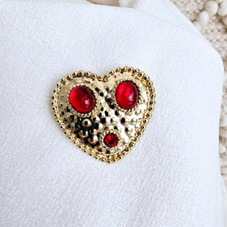 Vintage Gold Tone Red Glass Cabochon Heart Brooch Unsigned