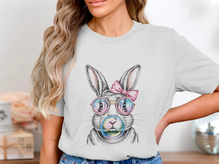 Women's Graphic T-Shirt with Cute Bunny Print, Casual Grey Tee, Hipster Rabbit with Glasses and Bow Design