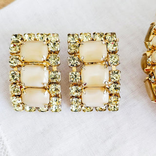 Vintage Faux Topaz Rhinestone & Moon Glow Link Bracelet and Earrings Set