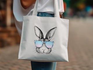 Cute Rabbit Tote Bag, Bunny in Sunglasses, Stylish White Canvas Shoulder Bag, Animal Print, Casual Beach Accessory