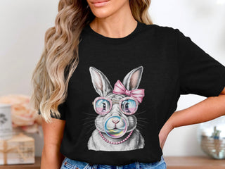 Women's Cute Rabbit Graphic T-Shirt, Stylish Bunny with Glasses and Bow, Casual Cotton Tee, Gift for Her