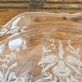 Vintage Heisey Glass Orchid Etched Seahorse Handled Covered Footed Candy Dish