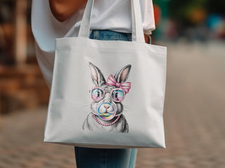 Cute Rabbit Tote Bag, Whimsical Bunny with Glasses and Bow, Stylish Canvas Shoulder Bag for Shopping