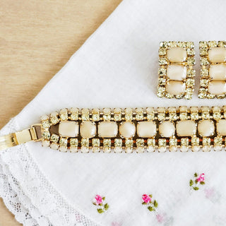 Vintage Faux Topaz Rhinestone & Moon Glow Link Bracelet and Earrings Set