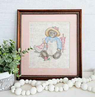 Vintage Framed Cross Stitch Painting Of A Bear And A Bird