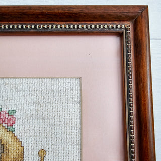 Vintage Framed Cross Stitch Painting Of A Bear And A Bird