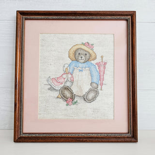 Vintage Framed Cross Stitch Painting Of A Bear And A Bird