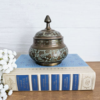 Vintage Indian Brass Lidded Trinket Jar With Blue Enamel Floral Design