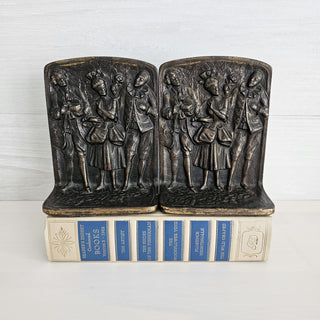 Set of Two Vintage Metal High Relief Bookends Woman And Two Men