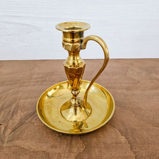 Vintage Brass Chamberstick Candle Holder With Finger Loop Ring & Drip Tray