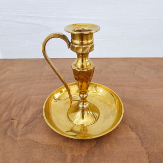 Vintage Brass Chamberstick Candle Holder With Finger Loop Ring & Drip Tray