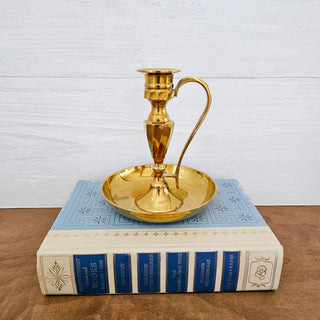 Vintage Brass Chamberstick Candle Holder With Finger Loop Ring & Drip Tray