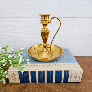 Vintage Brass Chamberstick Candle Holder With Finger Loop Ring & Drip Tray