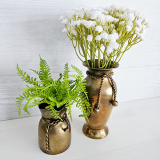 Set Of Two Vintage Rope Tassel Design Brass Flower Vases