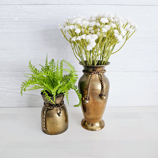 Set Of Two Vintage Rope Tassel Design Brass Flower Vases