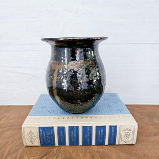 Vintage Signed Studio Pottery Rustic Vase With Rusty Brown & Dark Blue Glaze