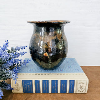 Vintage Signed Studio Pottery Rustic Vase With Rusty Brown & Dark Blue Glaze