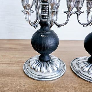 Vtg Set of 2 Candelabra 6 Arm Candle Holders Antiqued Silver Tone & Black Wood Victorian Style